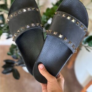 Valentino Studded Black Slide Sandals